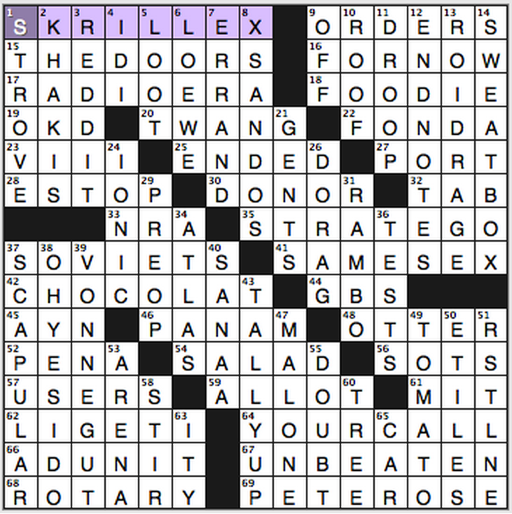 Skrillex NY Times Crossword Puzzle 4-2015