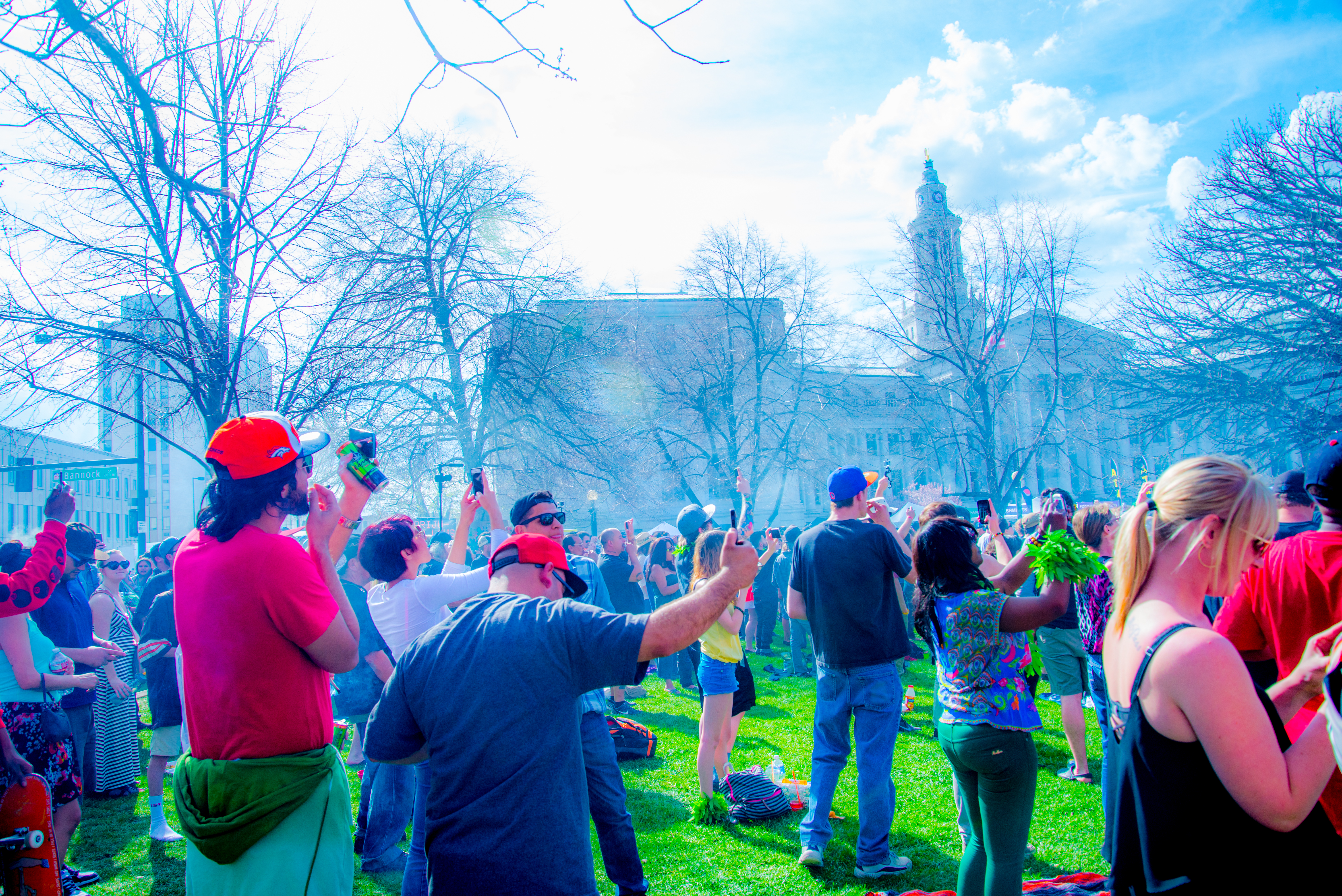420 Rally Denver 2014 Fara Paige Civic Center Park (16 of 24) 420 Rally, Denver Civic Center Park 2014 Crowd Capitol Weed Smoke Cloud Capitol Cell Phone Recording Image ©Fara Paige