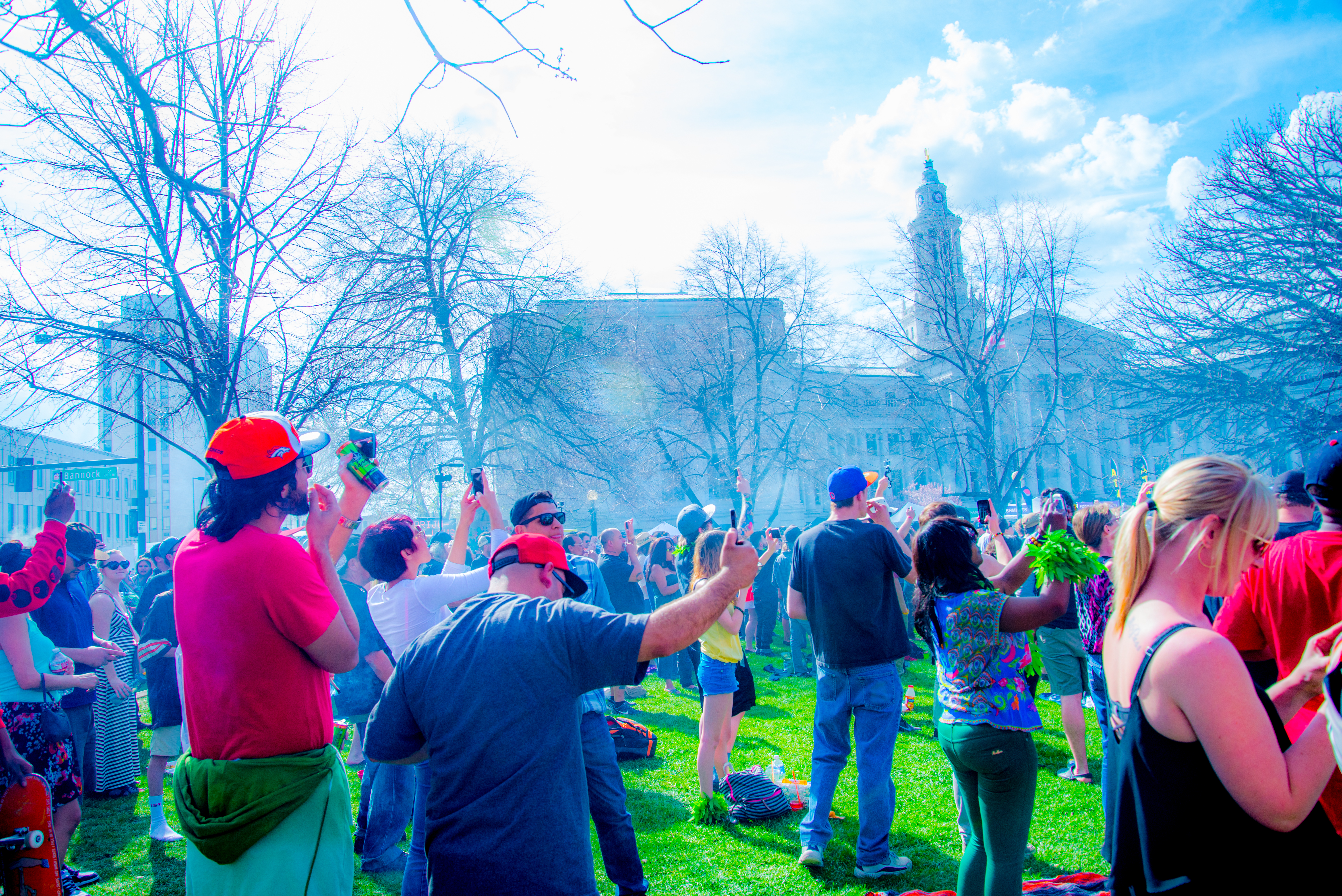 420 Rally, Denver Civic Center Park 2014 Crowd Capitol Weed Smoke Cloud Capitol Cell Phone Recording Image ©Fara Paige