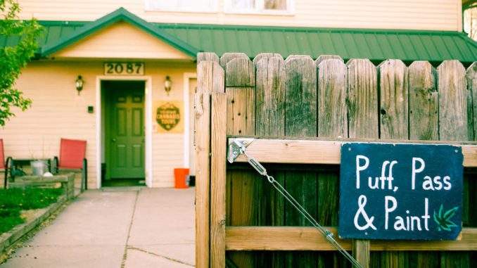 An exterior shot of Puff, Pass and Pottery in Denver on Friday, April 14, 2017. The building hosts other creative cannabis themed efforts, including paint and creative writing events. By Jonathan Rose