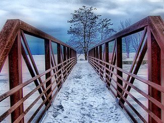 Red bridge snow by Liz