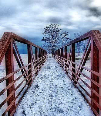 Red bridge snow by Liz